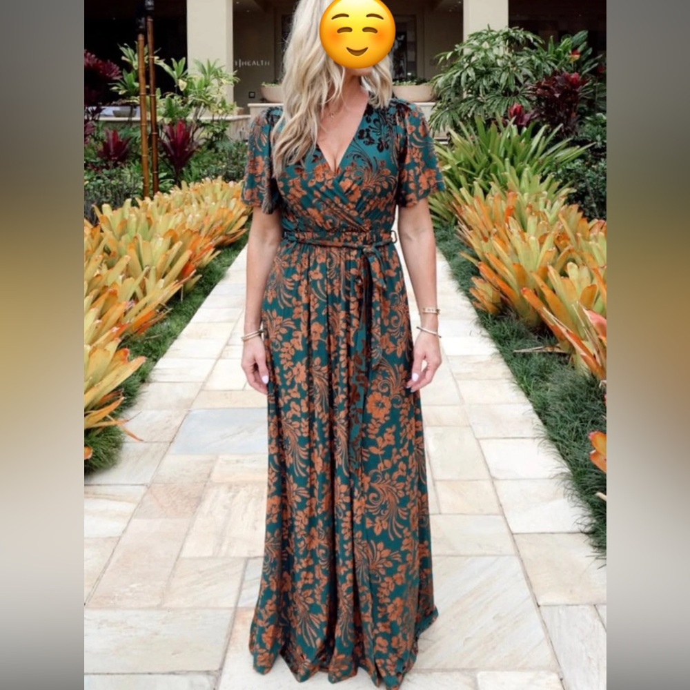 Green & Rust Floral Wrap Maxi Dress